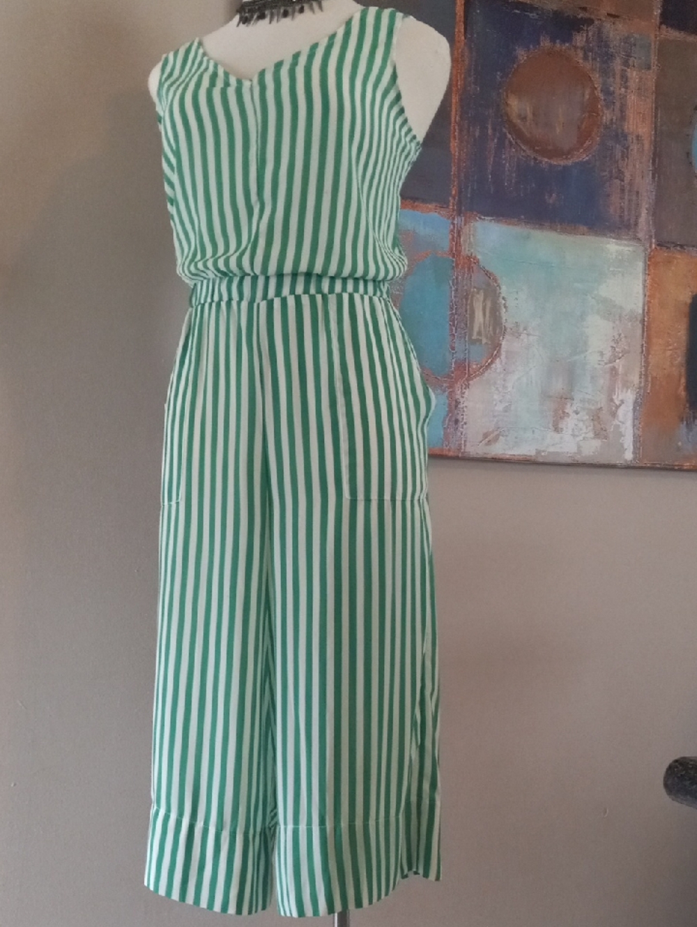 Tiana B. Wide Leg Green and White Vertical Stripe Sleeveless Jumpsuit Romper - Picture 4 of 16